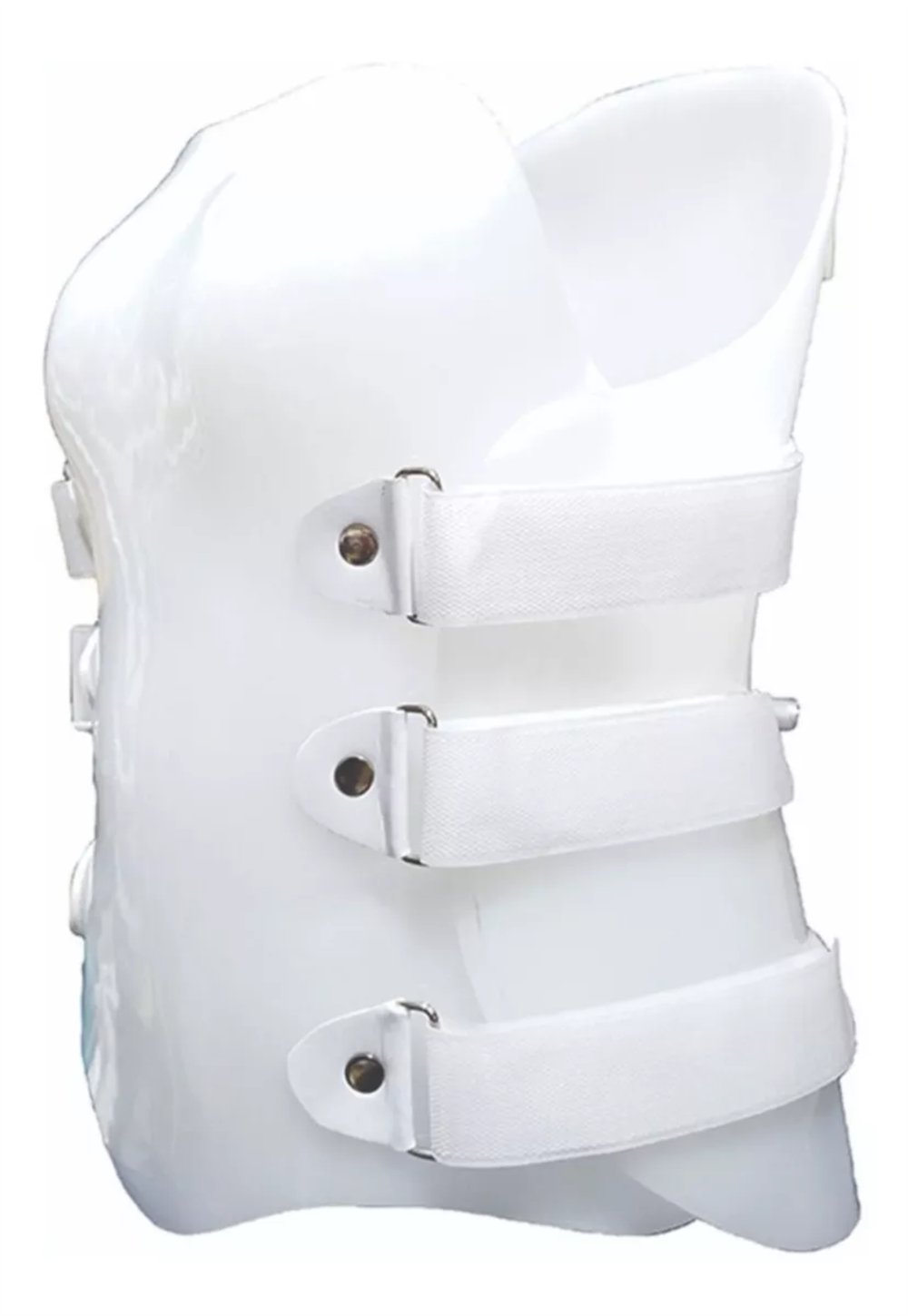 Corsé TLSO blanco a medida, con tres cierres de velcro, para soporte de tronco.