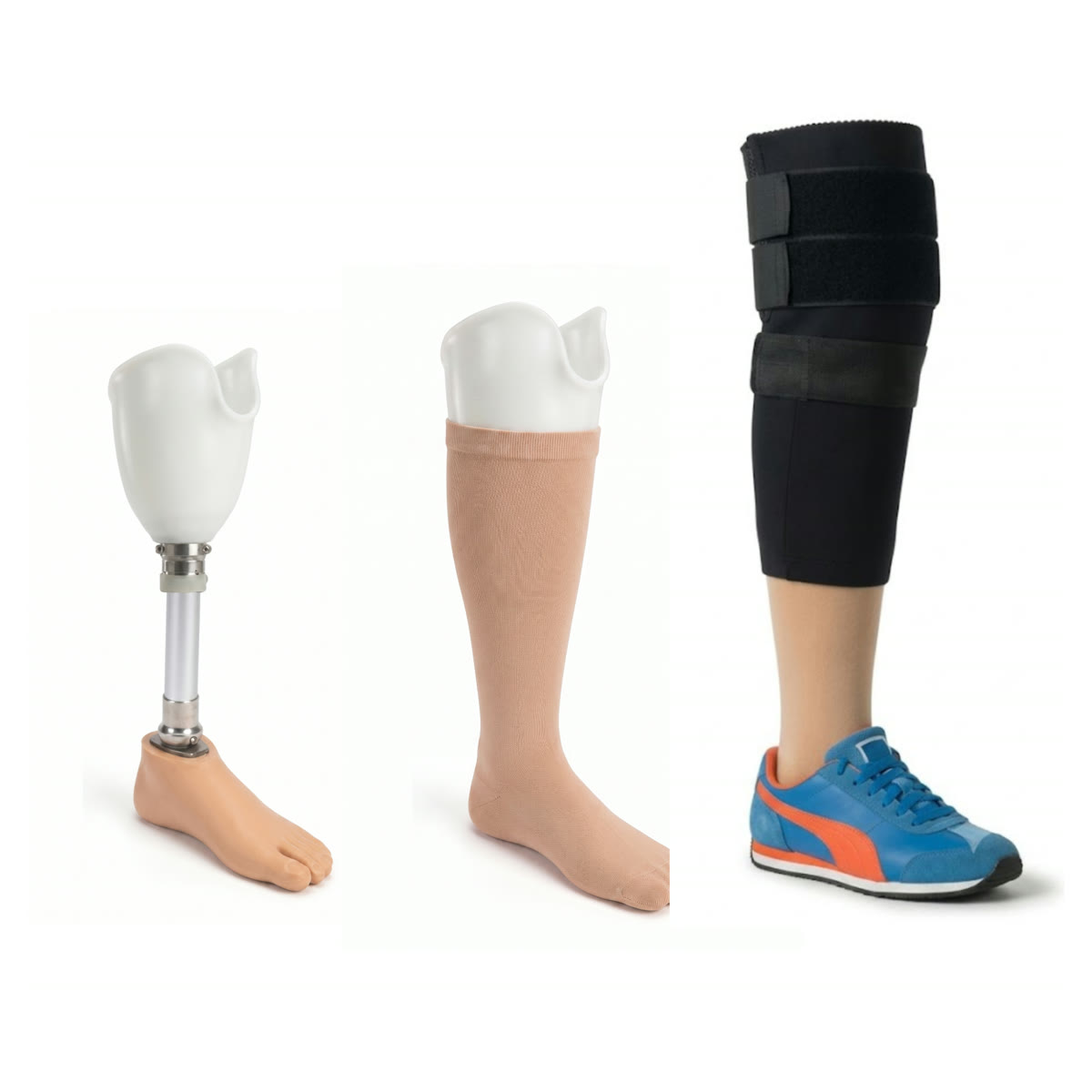 Equipo de prótesis bajo rodilla en tres etapas: encaje con tubo y pie SACH, con media cosmética, y terminada con rodillera de neopreno y zapatilla.