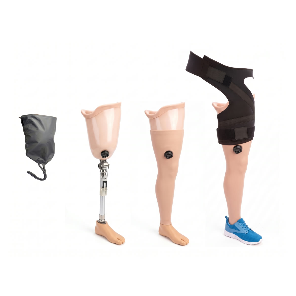 Equipo de prótesis sobre rodilla completo: bolsa de colocación, equipo con rodilla y pie, con funda cosmética, y terminado con sujetador de neopreno y zapatilla.