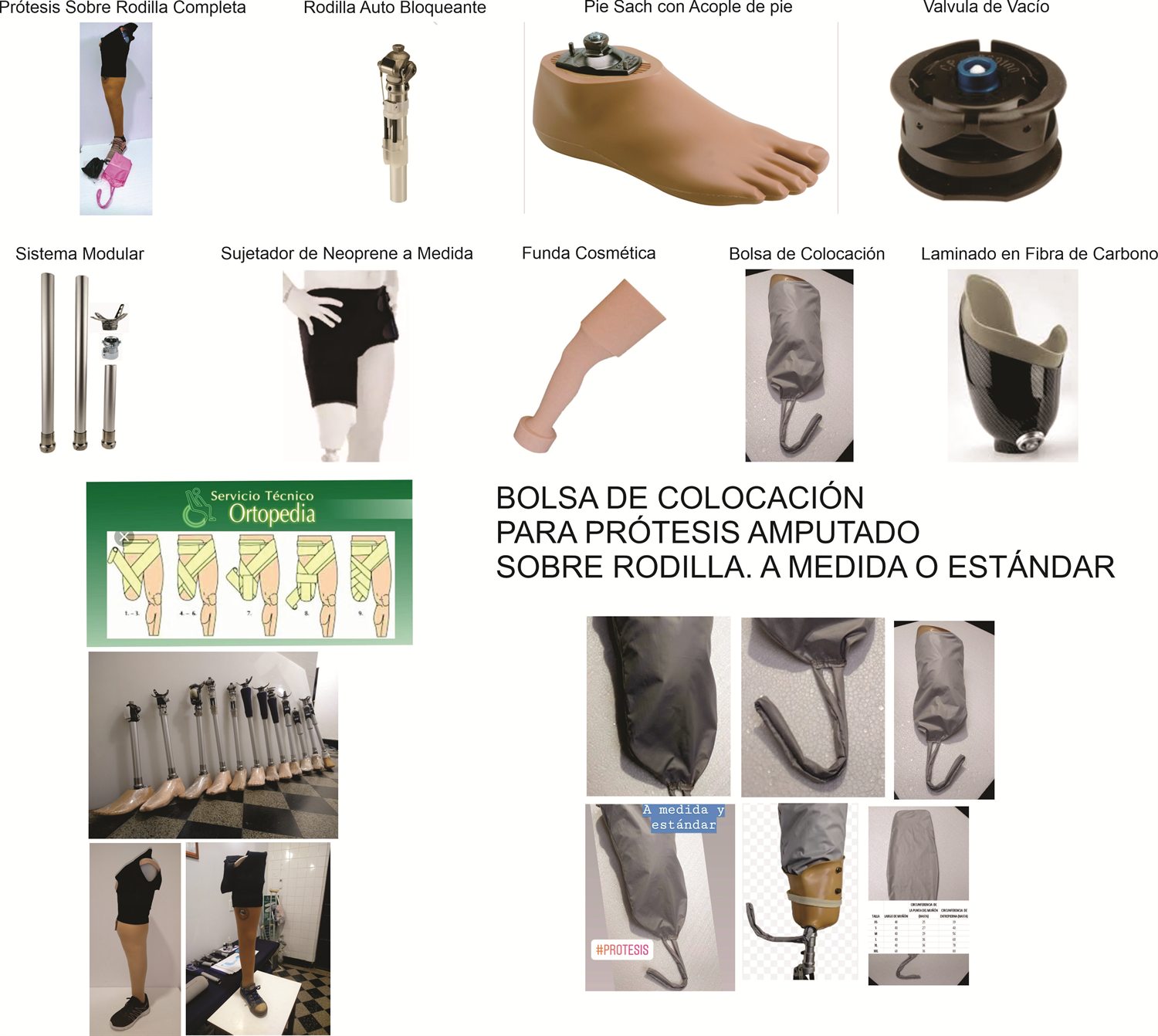 Catálogo de componentes de prótesis sobre rodilla: rodilla autobloqueante, pie SACH, válvula de vacío, sistema modular, funda cosmética y laminado en fibra de carbono.